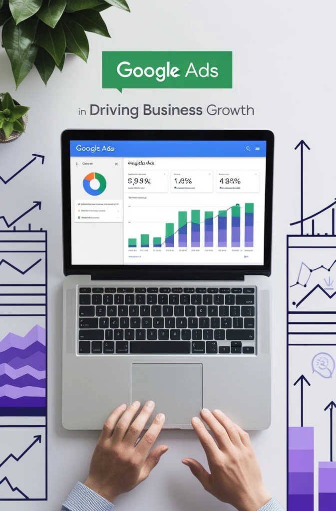 Google Ads growth dashboard on a laptop.